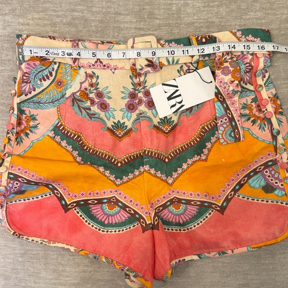Zara NWT High Waist Floral Patterned Shorts Belted Linen Blend large - Picture 13 of 15